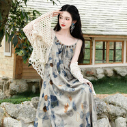 妍莉芬（yanlifen）新中式吊帶連衣裙水墨畫(huà)扎染小眾設(shè)計(jì)文藝國(guó)風(fēng)長(zhǎng)裙度假風(fēng)拍照裙子 裙子+開(kāi)衫 套裝 M