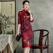 璽玥真絲彈力緞桑蠶絲旗袍春夏新款復古中國風(fēng)高端婚慶宴會(huì )晚禮服裙子 紅色 L (體重105~115)