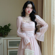 亞永凌法式溫柔粉色高腰蓬蓬氣質(zhì)公主長(cháng)袖連衣裙2023秋季小眾仙氣爆 淡粉色現貨 【嘎嘎好質(zhì)量】 S 【建議斤內】