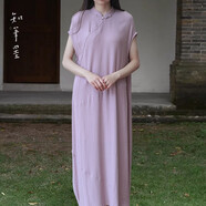 知筆墨夏季新款中國風(fēng)棉麻紫色提花禪意中式改良旗袍簡(jiǎn)約短袖連衣裙 淡紫色 均碼