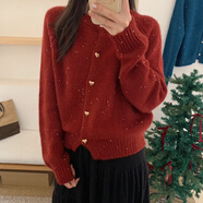 星辰閃耀浣熊絨圣誕毛衣女亮片羊毛針織開衫秋冬新年加厚毛衣外套 大紅