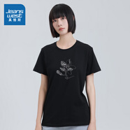 真維斯（Jeanswest）女裝夏季新款 潮牌時(shí)尚個(gè)性印花女款短袖T恤上衣VO 黑色8010 165/88A/L