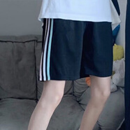 瑟空（SEKONG）2025夏新款短褲女學(xué)生休閑運動(dòng)褲寬松直筒韓版印花高腰闊腿褲LLG 黑色三杠 L