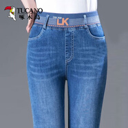 啄木鳥(niǎo)緊身牛仔褲女秋冬松緊腰修身小腳彈力高腰鉛筆褲媽i媽休閑 109藍色不加絨 33（140-150斤）