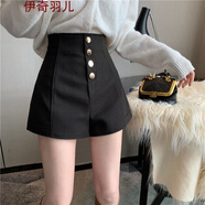 夏季寬松運(yùn)動(dòng)外穿女士闊腿短褲新款韓版單排扣毛呢靴褲字純色顯瘦百搭休閑褲休閑西裝女裝背帶裙褲熱褲高 黑色 S (80-95斤)