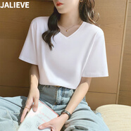 嘉麗薇短袖t恤女2025夏季新款白色純棉高級(jí)感輕奢V領(lǐng)短袖打底正肩上衣 白色【v 天絲羅馬】 2XL ( 建議 125-140斤)
