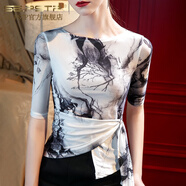 夏典素訂女王（SE.PSTP）中袖T恤女2024夏裝新款網(wǎng)紗印花上衣不規(guī)則洋氣綁帶收腰漂亮小衫 白墨色-長(zhǎng)/袖高檔輕奢品牌 2XL 高檔輕奢品牌