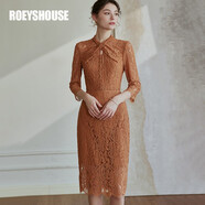 ROEYSHOUSE羅衣優(yōu)雅鏤空蕾絲連衣裙女秋裝新款氣質七分袖包臀裙子08103 焦糖色 S