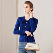 經(jīng)典故事（JANE STORY）經(jīng)典故事系帶領(lǐng)長(cháng)袖針織衫女裝秋季新款通勤內搭打底衫純色上衣 藍色 XL