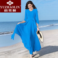 俞兆林（YUZHAOLIN）新品2024雪紡連衣裙女秋氣質收腰顯瘦長款大擺海邊度假沙灘長裙子 天藍色 L