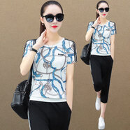 衣捷路 品牌冰絲運動(dòng)服套裝女兩件套夏季新款時(shí)尚印花短袖跑步服七分褲洋氣休閑套裝夏天薄款女式寬松運動(dòng)衣 白色 M(建議80-99斤)