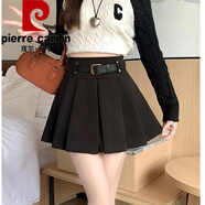皮爾卡丹（pierre cardin）咖色毛呢百褶半身裙女秋冬2024年新款百搭小個子防走光a字短裙子 黑色配腰帶 S