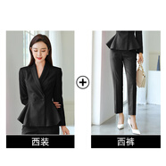 艾尚臣 職業(yè)套裝女職業(yè)裝氣質(zhì)春夏小個子兩件套時尚高端小西裝洋氣 黑色西裝+黑色西褲 L