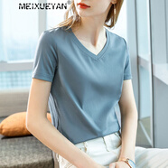 MEIXUEYAN輕奢品牌女裝 絲光棉v領(lǐng)短袖T恤女2025夏季新款修身顯瘦氣質(zhì)上衣 霧霾藍(lán) 3XL