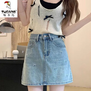 啄木鳥淺色高腰牛仔短裙女2024新款夏季蝴蝶結(jié)刺繡a字裙包臀裙半身裙子 藍(lán)色 S 建議80-95斤