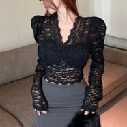 瑟空（SEKONG）2025春秋新款蕾絲打底衫透視感網(wǎng)紋小衫女設計感修身長(cháng)袖上衣WMN 鏤空蕾絲泡泡袖黑色 L