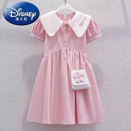 迪士尼（Disney）7歲以上穿的女童學院風連衣裙夏季薄款兒童洋氣裙子新款娃娃 粉色(刺繡娃娃領(lǐng)裙不包) 150