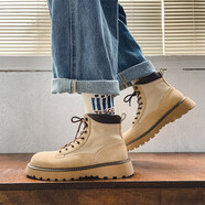 百狄（BYETIVE）情侶馬丁靴冬季加絨加厚男靴工裝靴英倫復古大黃靴戶(hù)外帆布沙漠靴 杏色(真皮) 男碼43(標準皮鞋碼)