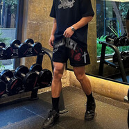 維斯先森歐美街頭短褲男士夏季寬松休閑闊腿高腰情侶大碼沙灘運動五分褲 HQFS-D415黑色 2XL