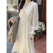 妙奕嘉純欲碎花長(cháng)袖連衣裙女裙子海邊沙灘裙度假長(cháng)裙春早秋新品衣服女裝 花邊小黃花蛋糕連衣裙 S 【建議95斤以下】