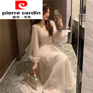 皮爾卡丹（pierre cardin）專(zhuān)柜春秋新款法式復(fù)古網(wǎng)紗連衣裙超仙小眾過(guò)膝收腰顯瘦內(nèi)搭裙子女 杏色 S _（建議95斤以?xún)?nèi)）