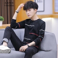 凡迪時(shí)尚（FANDISS）春秋季圓領(lǐng)T恤男學(xué)生衛(wèi)衣潮流寬松橫條紋長袖青少年休閑打底衫男 黑色 2XL