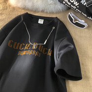 普戈斯帶項鏈的短袖T恤男夏季潮牌潮流400g重磅美式hiphop半袖打底體恤 黑色 M 95至115斤可穿