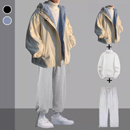 gxmy羊羔絨棉服男冬季外套男士潮牌寬松連帽棉衣服男裝加絨厚棉襖套裝 杏色棉衣+白毛衣+加絨灰色衛(wèi)褲 L 建議105-130斤