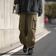 沂倫赫工裝褲男春夏秋季日系cityboy休閑褲大碼束腳寬松傘兵直筒闊腿褲 22397軍綠色 L （建議110-130斤）