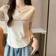 翎悅短袖t恤女V領夏季新款顯瘦修身不規(guī)則下擺半袖體恤休閑短款上衣潮 杏色一行小字母 L 建議100-115斤
