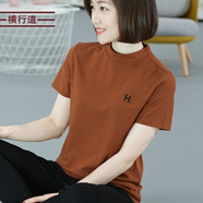 橫行道2024夏季女裝打底衫新款字母刺繡短袖t恤半高領(lǐng)上衣純色體恤半袖 焦糖色 L