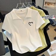 妃麗慕尚大碼女裝時(shí)尚刺繡polo領(lǐng)短袖t恤夏季200斤微胖mm寬松遮肚短款上衣 142白色 L 建議100-115斤