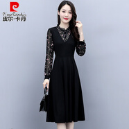 皮爾卡丹中年媽春秋假兩件雪紡長袖連衣裙2023新款女秋冬季高檔品牌裙子 黑色 M (90-105斤)