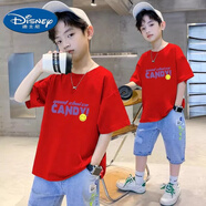 迪士尼純棉紅色短袖T恤男童兒童夏裝寬松帥氣中大童炸街男孩中國紅上衣 大紅色013【字母笑臉】 160 建議83-95斤