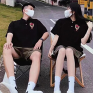 MDlila情侶裝夏季衣服短袖t恤POLO領(lǐng)一男一女休閑寬松半袖上衣班服定制 黑色-玫瑰花單件價 4XL建議(150-170斤穿)