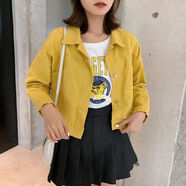 LANWEIFEILEI新款牛仔短款小外套女學(xué)生韓版秋季女裝寬松大碼百搭上衣 黃色 2270 M 【90-110斤】