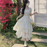 唐菓蜜連衣裙女夏季2025年新款法式氣質(zhì)甜美減齡收腰顯瘦初戀風(fēng)仙女裙子 米杏色 M