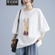 零點螞蟻胖妹妹大碼女裝夏裝個性時尚韓版寬松卡通印花短袖t恤加肥加大碼胖mm減齡遮肚子顯瘦半袖上衣 白色 XL【160-200斤】