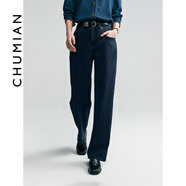 初棉超模褲 磨毛加絨寬松直筒牛仔褲女 冬季復古保暖長(cháng)褲高腰顯瘦 藍黑 XS