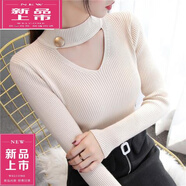 皮爾卡丹（pierre cardin）羊Y毛針織打底衫加絨鏤空掛脖V領(lǐng)長(zhǎng)袖毛衣女內(nèi)搭秋冬新款修身套頭 米色 XL