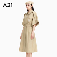 A21夏季新品時(shí)尚女裝風(fēng)衣式中長(zhǎng)連衣裙中袖收腰氣質(zhì)蝙蝠袖連衣裙女 卡其 S