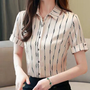 索宛亦（SUOWANYI）豎條紋襯衫短袖女裝夏裝2021年新款歐洲站polo領(lǐng)雪紡襯衫垂感上 條紋 XL