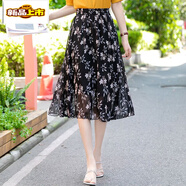 初徑雪紡紗半身裙女夏季印花中長(cháng)款垂感花裙子百褶碎花傘裙半裙a字裙 402-18號花色 均碼 松緊腰1.8-2.5尺