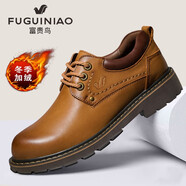 富貴鳥 男士大頭皮鞋軟皮軟底休閑鞋英倫風(fēng)戶外厚底工裝鞋系帶男鞋 淺棕色【加絨款】 40 (250mm)