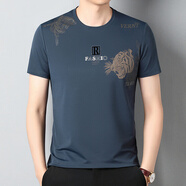 洋客冰絲短袖t恤男夏季新款時(shí)尚高端男士圓領(lǐng)休閑半袖潮流百搭打底衫 D款-藍色 3XL 建議170-185斤
