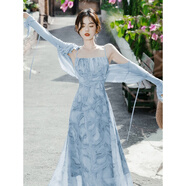 妍莉芬（yanlifen）2025年夏季碎花淺藍(lán)色方領(lǐng)吊帶連衣裙女裝海邊度假沙灘裙子套裝女 淡藍(lán)色吊帶裙 L