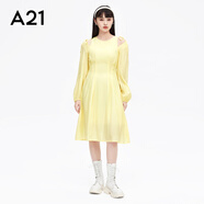 A21新款女裝中長款顯瘦連衣裙設(shè)計感收腰連衣裙純色露肩休閑風(fēng)裙子 淺粉黃 S