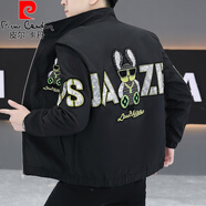 皮爾卡丹（pierre cardin）歐洲站2025春秋季男士高端刺繡夾克外套秋季休閑潮流秋裝上衣男款 黑色 M 90-110斤