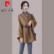 皮爾卡丹（pierre cardin）高檔雙面毛呢外套女短款2024春秋新款女裝小個子氣質收腰呢子大衣 卡其色(細毛呢品質) XL 建議135-150斤左右