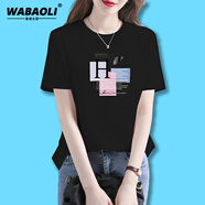 WABAOLI高端品牌 女士短袖冰絲t恤2025夏季新款寬松顯瘦休閑圓領(lǐng)上衣潮流 黑色（小羽毛圖案） 3XL （建議體重145-160斤）